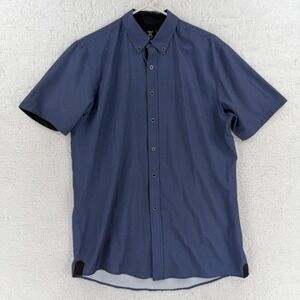 Fried Denim Shirt Mens Large Blue Geometric Short‎ Sleeve Button Front Stretch
